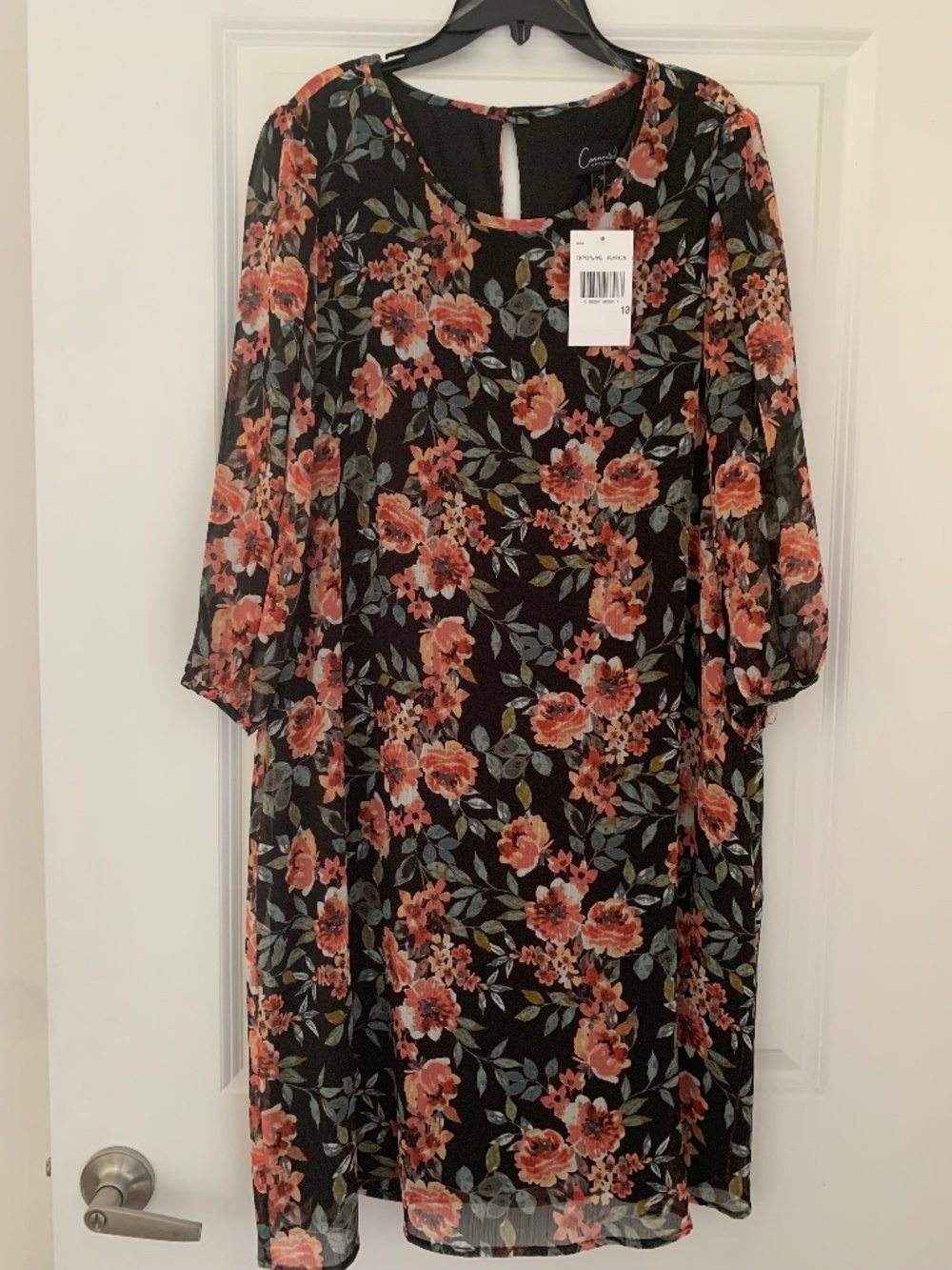 Connected Apparel NWT Black Floral Chiffon Shift Dress Sheer Sleeves Sz 10